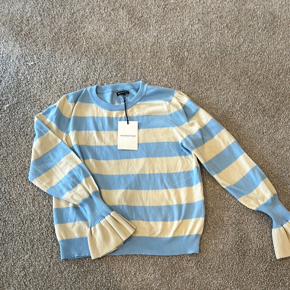 Who What Wear Classic Blue and Cream Striped Crewneck Sweater